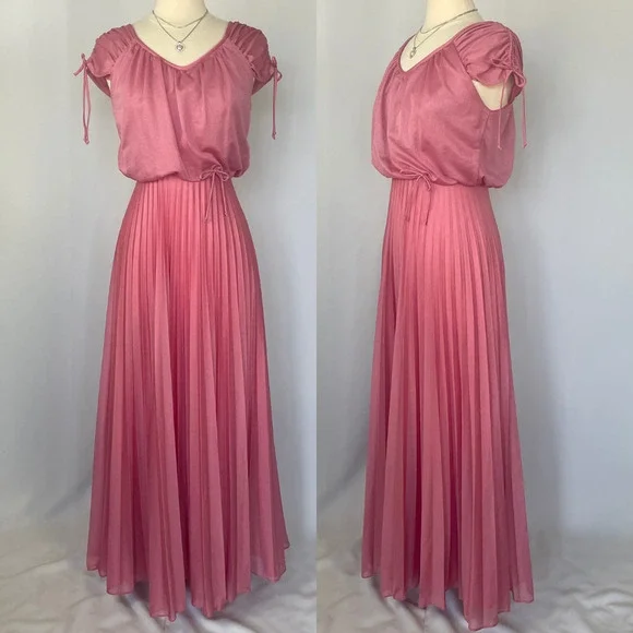 Vintage Formal Dress Size Small Pink Accordion Pleated Maxi Prom Bridesmaid 80s - Picture 1 of 16